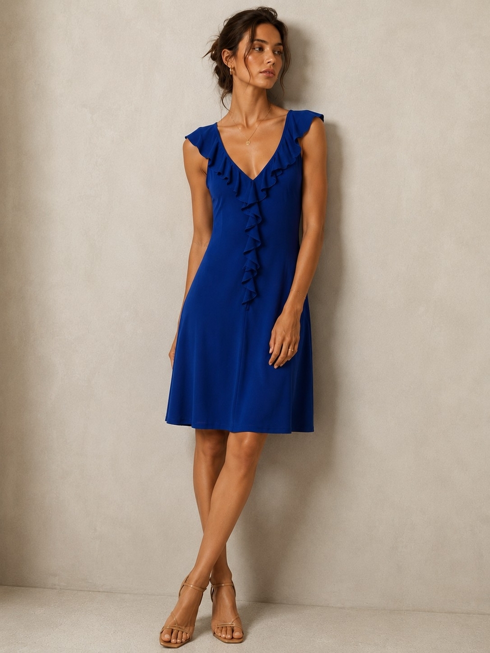 Royal Blue Ruffle Neck Swing Dress Sleeveless A-Line Cocktail Wedding Guest Midi